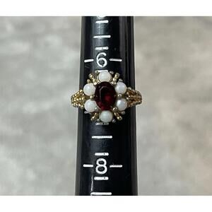 VTG Avon 1973 Roseglow Faux Pearl Faux Ruby Clustered Glass Cocktail Ring Sz 6-7